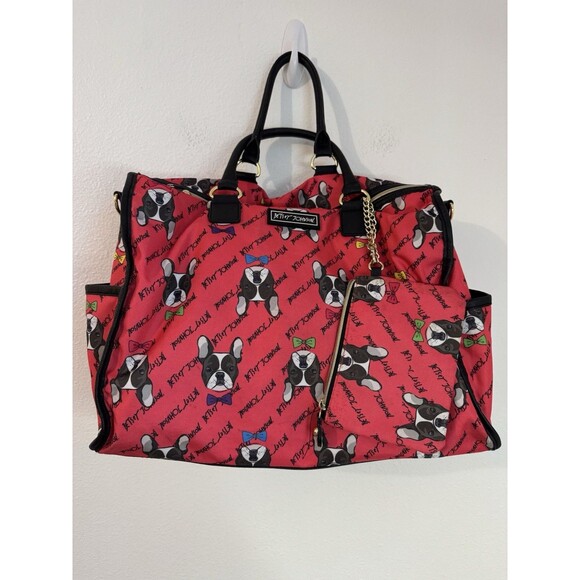 BETSEY JOHNSON Bag Iconic Bulldog Large Duffle +Card/Coin  Wallet Pink EUC - Picture 1 of 15